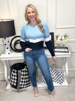 Cozy blue color block sweater with iridescent sparkle 