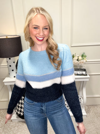 Cozy blue color block sweater with iridescent sparkle 