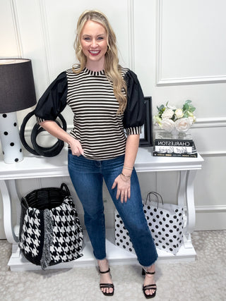 Black and white stripe top with puff sleeves