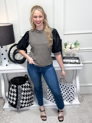 Black and white stripe top with puff sleeves