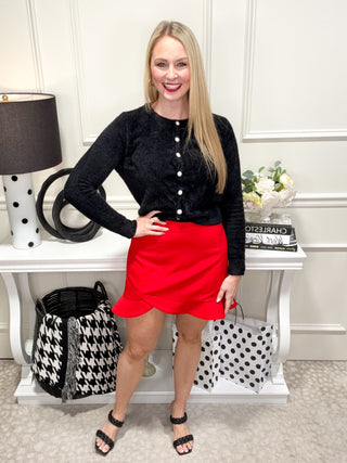 Knit cardigan sweater pearl buttons red tulip skirt