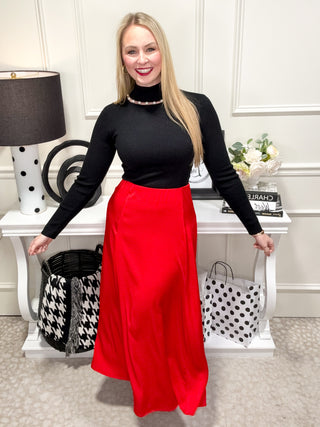 red satin midi skirt