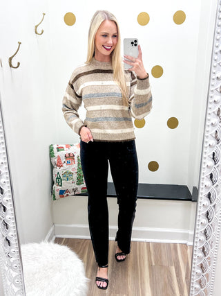 cozy knit striped sweater with rhinestone details