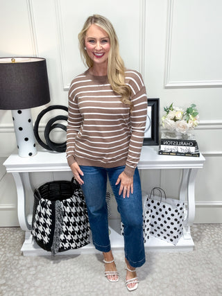 Classic crewneck sweater with neutral stripes