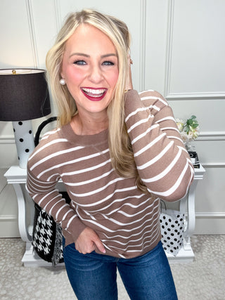 Classic crewneck sweater with neutral stripes