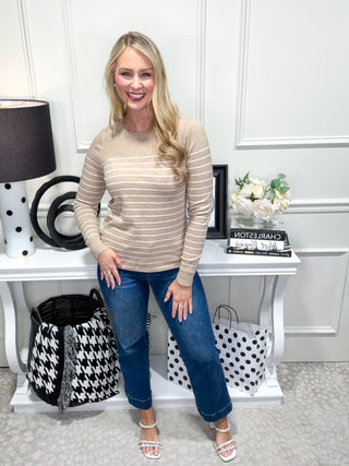 Tan and white striped ribbed sweater