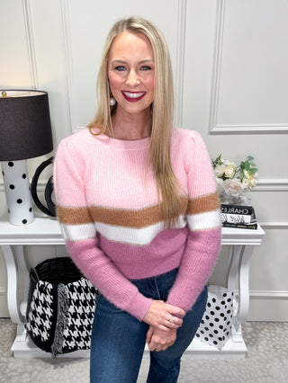 Pink striped sweater with gold sparkles