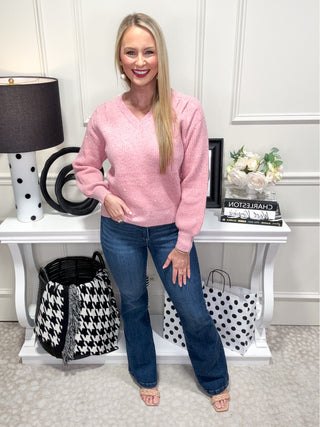 Pink knit sweater with gold sequin sparkles