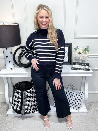 Navy striped mock neck sweater