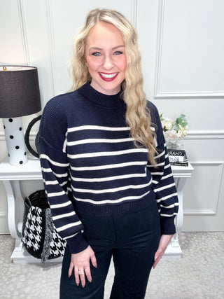 Navy striped mock neck sweater