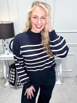 Navy striped mock neck sweater