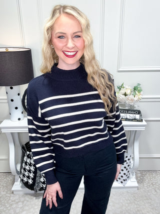 Navy striped mock neck sweater