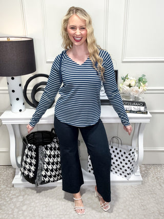 Navy striped top with hood, hoodie top