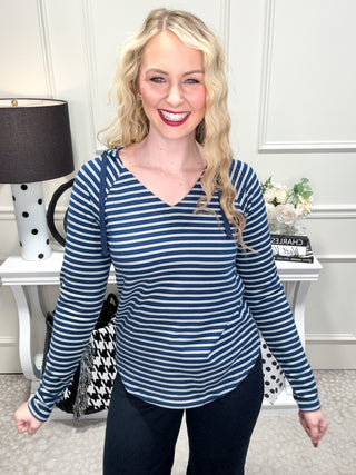 Navy striped top with hood, hoodie top