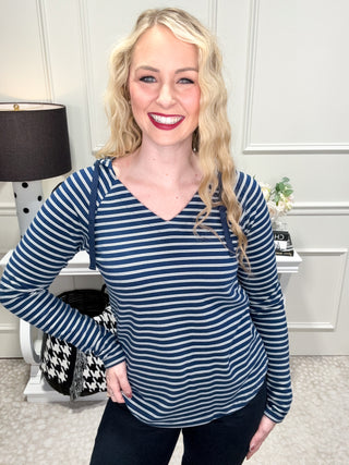 Navy striped top with hood, hoodie top