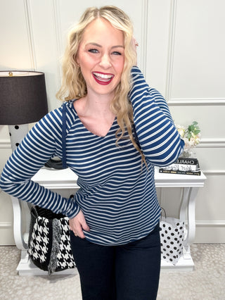 Navy striped top with hood, hoodie top